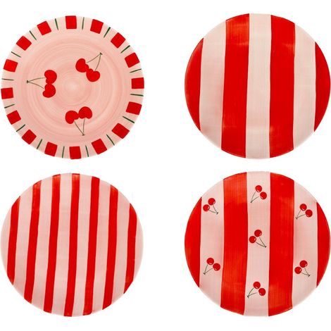 Lot de 4 Assiettes à Dessert en Céramique à Rayures Rouge Cerise, 20,3 x 20,3 cm - PANGIVO (1/3)