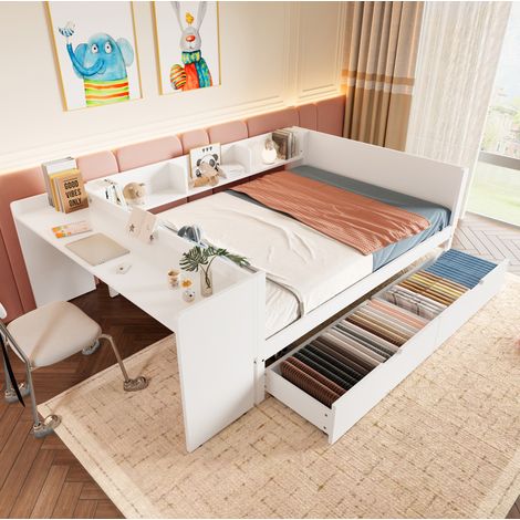 MEUBLIV Lit 140x200 cm blanc – avec bureau et rangements, sans matelas (1/5)