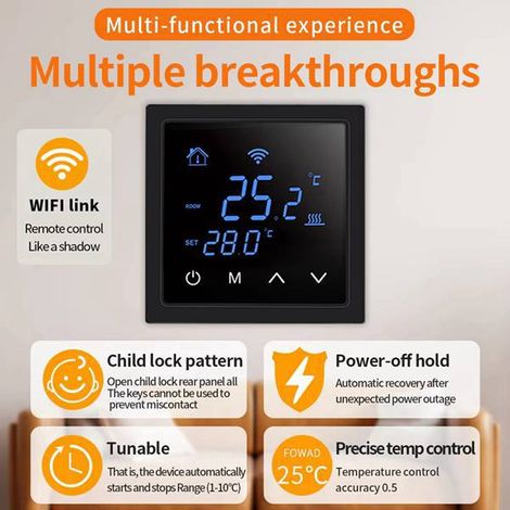 Disponible en 1 couleur : Noir Matériau : ABS Thermostat intelligent pour maison avec WIFI, thermostat pour chauffage au sol. (1/5)