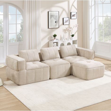 Divano angolare modulare 3 posti beige in poliestere con 1 pouf, senza struttura, schiuma ad alta densità 32D, 271x162x67 cm (1/5)