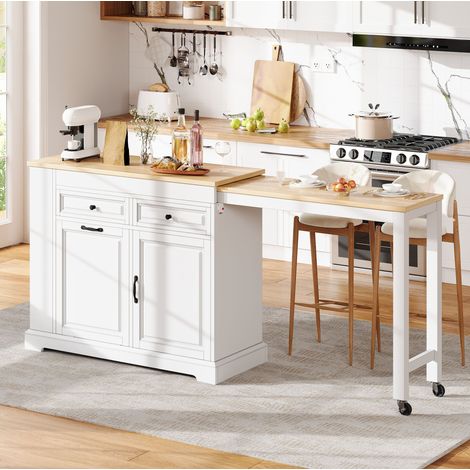 Isola da cucina 112x45x92 cm, piano estraibile fino a 180 cm, con cassetti e vano pattumiera, MDF, bianco naturale (1/5)