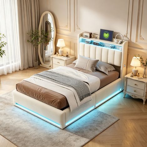 lit coffre 90x200, lit simple, Sommier Inclus, avec levier hydraulique, Cadre de Lit, Lit Rembourré, Chambre moderne, velours, Beige (1/5)