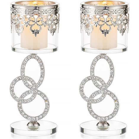 Bougeoirs piliers en cristal, 2 pièces, bougeoirs argentés, bougeoirs pour centres de table, pour cadeau d'anniversaire de mariage et décoration de No (1/5)