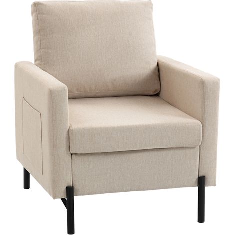Fauteuil de salon, canapé 1 place rembourré avec accoudoirs, assise large et pieds en acier, 73 x 77 x 87 cm, beige (1/5)