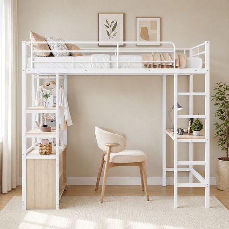 Cama alta 90x200 cm con escritorio, enchufe y USB, varias estanterías, armario abierto, barandillas y escalera, estructura de metal blanca, sin colchón  CHICFURN (1/5)