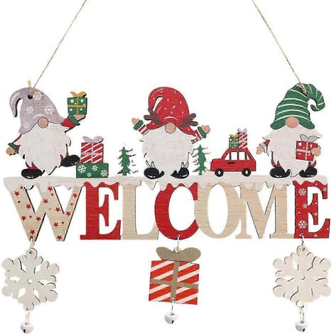 Décoration de Noël en bois à suspendre, panneau mural d'hiver avec cloches pour le Nouvel An, style ferme, cheminée intérieure-with 3 Gnome