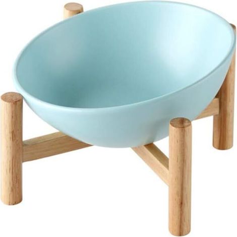 Bleu Porte-gamelle Surélevée Gamelle incliné pour Chien et Chat Céramique avec Bambou Support en Bois Grand-