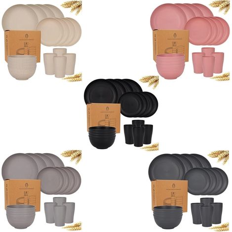 Trade Shop - Set von 16 stücke Körnung Strohgeschirr Geschirr Schüsseln Unzerbrechliche Platten Wiederverwendbar - (1/5)