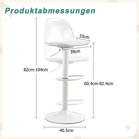 [Lot de 2] Tabourets de bar réglables : Dossier transparent et pieds en métal blanc  Hauteur réglable de 82 à 104 cm  Rotation à 360°.