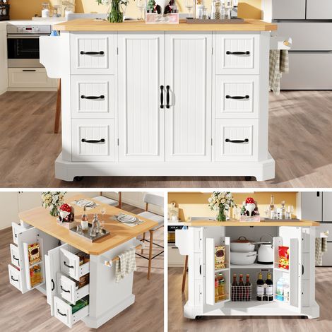 Servierwagen, ausziehbare Mittelkücheninsel, multifunktionales Küchenmöbel mit 6 Schubladen + 2 Türen mit integrierten Regalböden, 120x45(75)x91 cm, Weiß