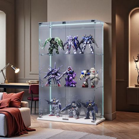 Vitrina de vidrio LED, 3 estantes, puertas dobles, armario de presentación para salón, estilo escandinavo, 123 x 78 x 35cm, blanco