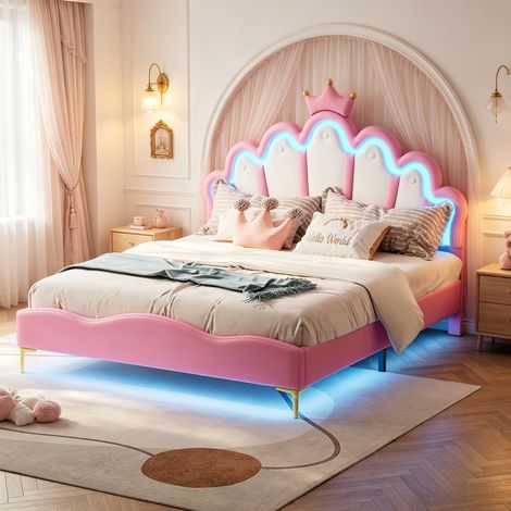 Lit Enfant 140 x 200 cm, lit princesse,tête de lit couronne avec LED, lit 1 place,sommier à lattes, pour chambre d'enfant,PU Rose (1/5)