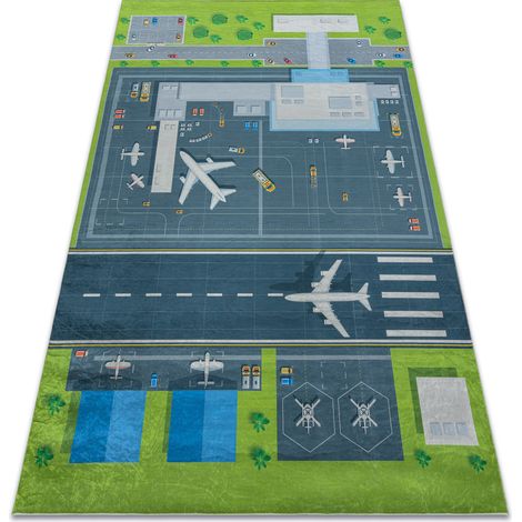 BAMBINO 46990 Waschteppich Flughafen, Flugzeuge für Kinder Anti-Rutsch - grün / grau  green 80x150 cm