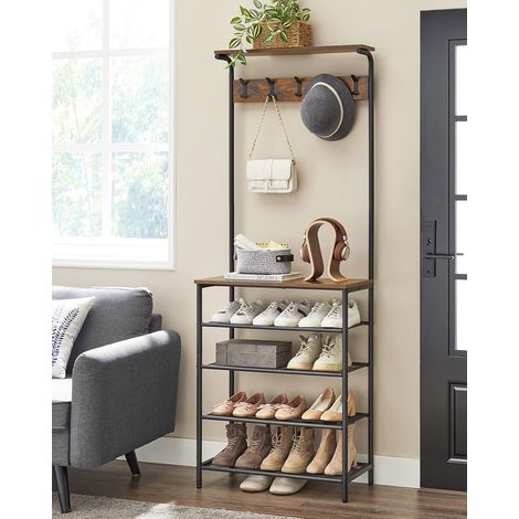 VASAGLE Portemanteau,, Meuble Entrée, Vestiaire Industriel, avec Étagères à Chaussures 5 Niveaux, 5 Crochets, pour Entrée, Couloir, Chambre, Marron Rustique et Noir (1/4)