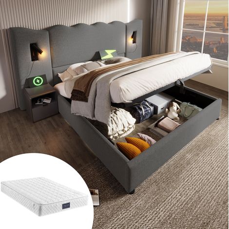 Lit coffre 180x200 cm en linen gris avec matelas, lampe de lecture et ports USB (1/5)