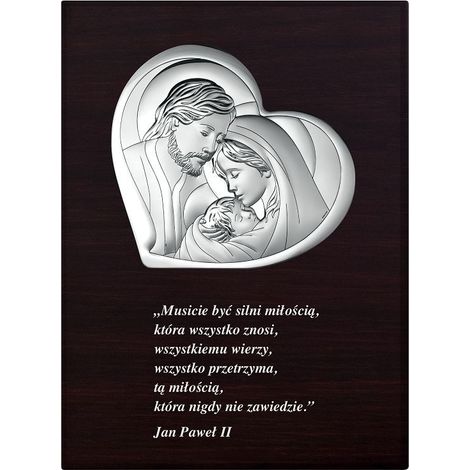 Quadro moderno in argento raffigurante la Sacra Famiglia con cuore e citazione di Giovanni Paolo II, dimensioni: 11,5x15,5 cm Codice articolo: BC6481/W