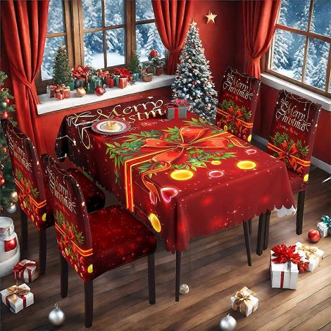 Ensemble de nappe de Noël imperméable et housses de chaises TC-14 (nappe imperméable 140210cm + 4 housses de chaises)