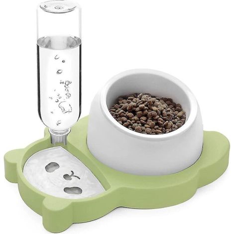 Bols, ensemble de bols inclinés pour nourriture et eau, bol en céramique surélevé avec distributeur d'eau automatique vert (1/5)