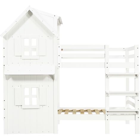 Letto a castello per bambini 90x200 cm bianco con tetto e finestre, scala a 3 gradini HOMVRA (1/5)