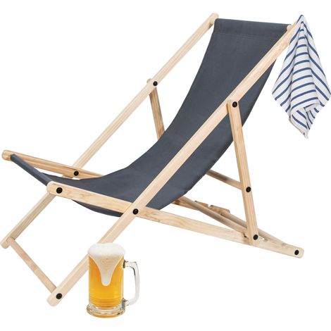 SWANEW Lettino pieghevole in legno Chilian sedia da spiaggia sedia a sdraio giardino esterno Grigio (1/5)