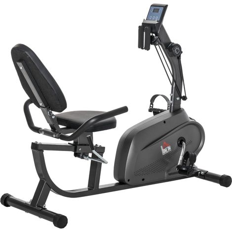 Vélo d'appartement magnétique semi-allongé avec écran LCD et selle réglable en acier noir, idéal pour un fitness à domicile. (1/5)
