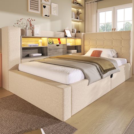 Lit rembourré 90x200 cm, lit simple avec éclairage LED, coffre hydraulique, tête de lit en L avec rangement, montage réversible, sommier à lattes, tissu lin, beige (avec matelas) (1/5)