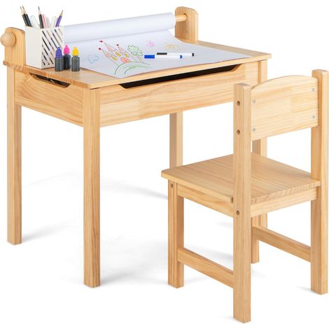 Tavolo attività per bambini 60 x 40 x 58 cm con contenitore integrato e sedia ergonomica in legno massello naturale 200018760
