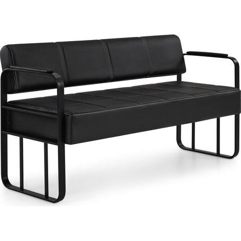 BarberPub 3-Sitzer Sitzbank mit Mattschwarzen Armlehnen, Polsterbank mit Rückenlehne, Sitzbreite 144cm, Wartebank Friseur, Wohnzimmerbank, Friseureinrichtung W528 (Schwarz/Kunstleder)