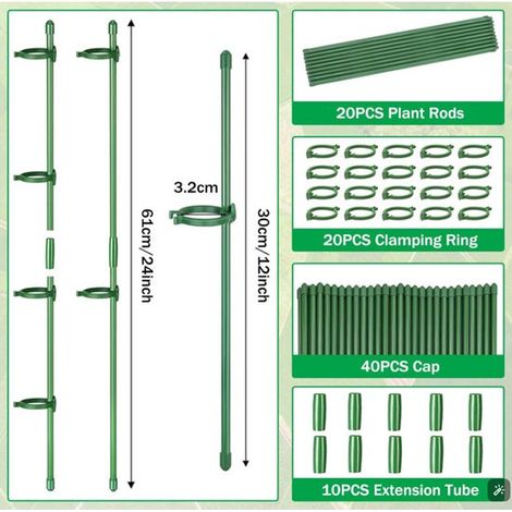10 teiliges verstellbares Pflanzenstützsystem für Gartenpflanzen, Ringe mit Klemmen und Verbindungsrohren für Orchideen, Rosen und Tomaten, 30 cm (1/5)