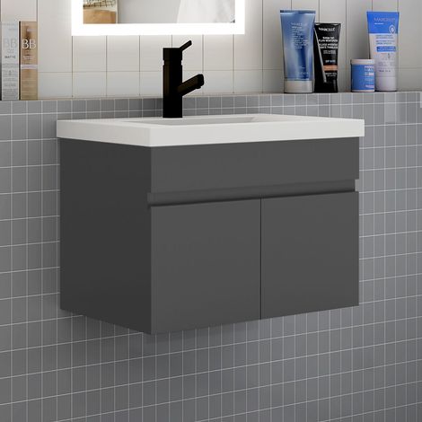 Meuble de salle de bain 60 cm avec vasque suspendu 2 portes meuble de salle de bain anthracite