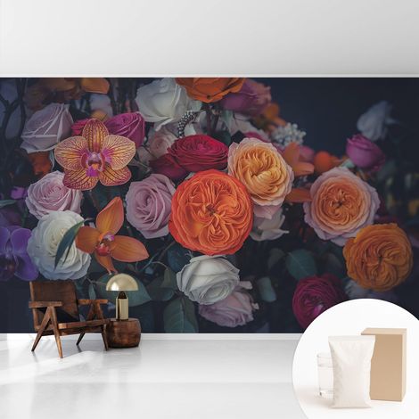 Tapete Vliestapete mit Kleber modern - Wanddeko für Küche - Klebefolie Wand - luxus Look Farbenfroher Blumenstrauß 416x254 cm (1/5)