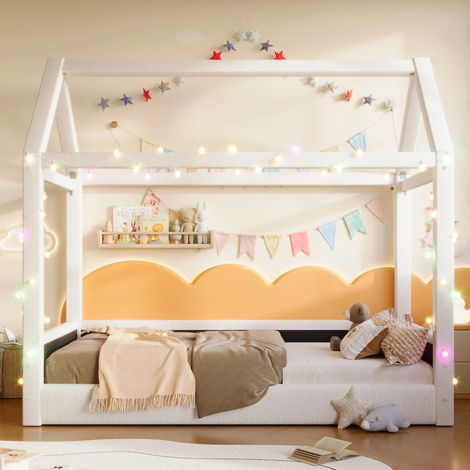 Letto a soppalco per bambini 90 x 200 cm, imbottito con illuminazione a LED, struttura in legno massello/MDF, rivestimento in lino beige, rete a doghe (1/5)