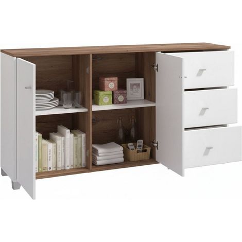 Sideboard Eiche, Anrichte 3 Schubladen, 2 Regale, Schwenk- und Schiebetüren, 162x40x85h cm Weiß