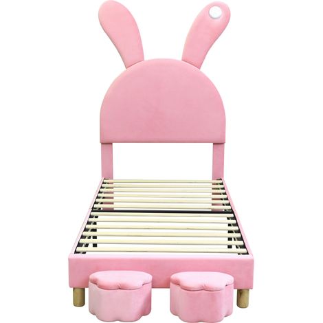 CAIziLit capitonné 90x200 cm avec LED, 2 poufs et oreilles lapin, rose (1/5)