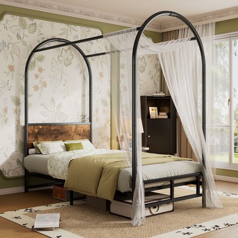 Metal bed, 3FT single bed 90x190cm, Durable and Sturdy, Canopy Twin Bed, Iron bed for adults & teenagers, Black+wood color (Bed frame only, drape not included)