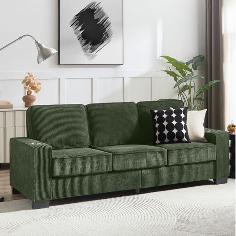 Divano a 3 posti con portabicchieri integrati, ampi braccioli, tessuto a coste, design moderno per soggiorno - verde (1/5)