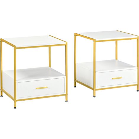 Ensemble de 2 tables de chevet élégantes et modernes avec tiroir et étagère ouverte, 50 x 40 x 55 cm, blanc et or (1/5)