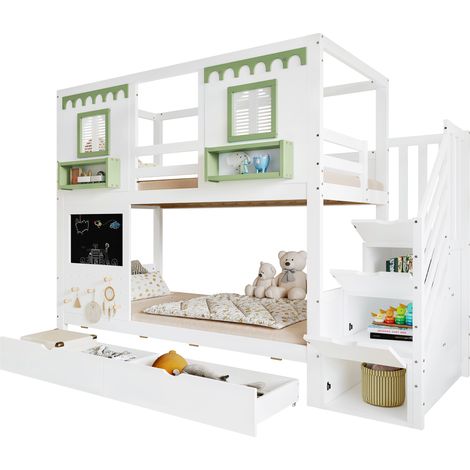 Lit superposé, lit pour enfant, avec petite zone de panneau perforé + 5 crochets en bois fournis, deux tiroirs, armoire de rangement dans l'escalier, pin + MDF + contreplaqué, blanc+vert, 90x200cm (1/5)