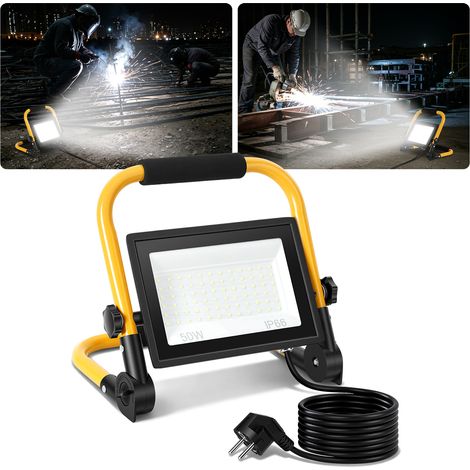 Jiubiaz Foco LED de obra 50W blanco frío 6500K IP66 lámpara de trabajo con soporte y cable 3m para jardín balcón exterior (1/5)