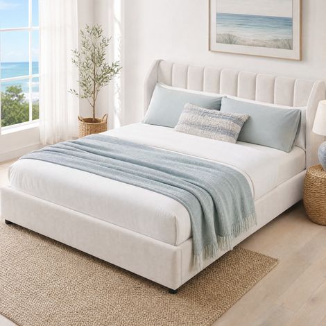 Cama doble 180x200 cm de MDF y terciopelo beige con cabecero capitoné, sin colchón (1/5)
