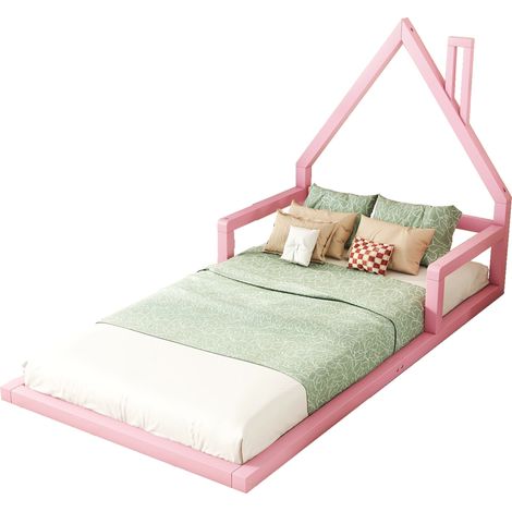 CAIziLit enfant maison 90x200 cm en pin massif, rose, sans matelas (1/5)