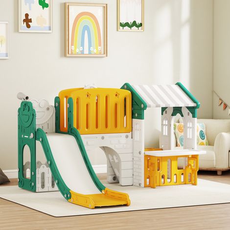 Toboggan 7 en 1 pour enfants, aire de jeux intérieure, structure d'escalade, cabane, tableau noir, panier de basket, 1 à 4 ans, plastique, jaune et vert (1/5)