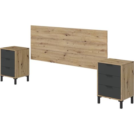 Comodino Birmingham, Set camera da letto, Testiera letto e 2 Comodini a 3 cassetti, 240x33h101,5 cm, Rovere effetto nodi e Antracite