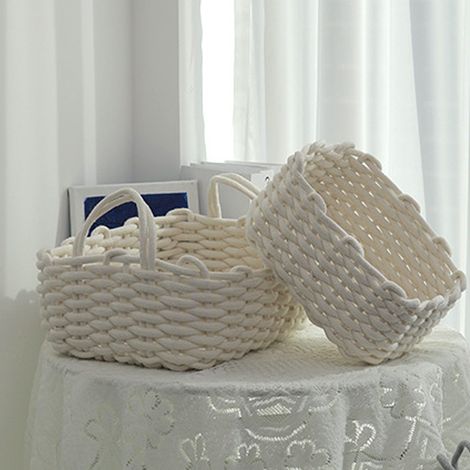 Aufbewahrungskorb aus Baumwollseil, 36 x 25 x 15 cm, Weiß – Handgewebter Schreibtisch-Organizer im skandinavischen Stil (1/5)