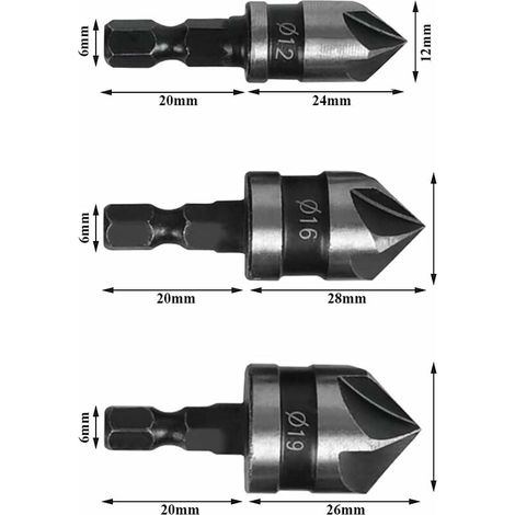 GP 6 Pcs Chanfrein à manche hexagonal,Fraise à Fraiser à 90 °, Ø 6-19 Mm Fraise à Fraiser pour MéTal, Bois (1/4)