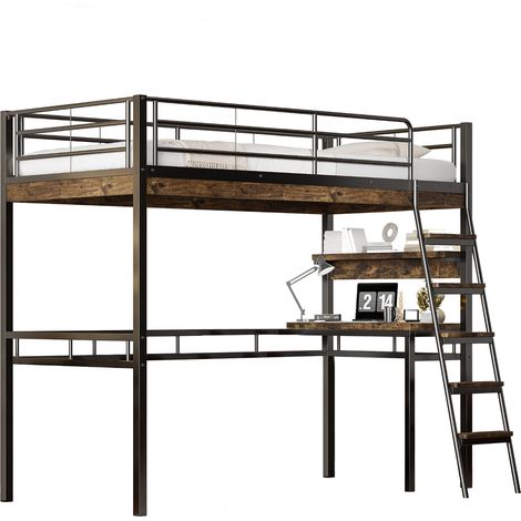 Cama alta 90x200 cm de metal negro con escritorio, estantes, escalera y barandilla, sin colchón, certificada EN747, 120 kg, ideal para ahorrar espacio - CHICFURN (1/5)