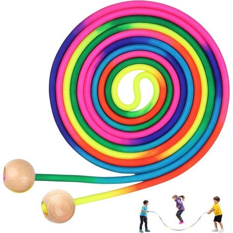 Corde à sauter arc-en-ciel 5 m – Corde de saut multijoueur avec poignées en bois réglables – Pour enfants et adultes – Jeux et entraînement en groupe (1/5)