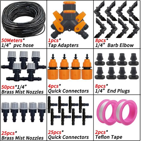 (KIT002-50M-A) Système de brumisation pour jardin, irrigation goutte à goutte 1/4'', buses d'atomisation en laiton pour tuyau 4/7 mm, pour serre ou parasol (1/5)