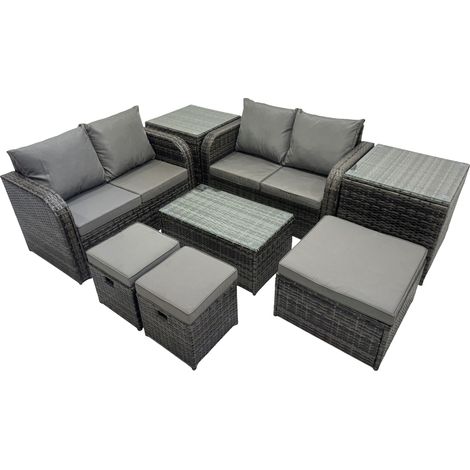 Fimous Outdoor Love Sofa Coffee Table Set Garden Rattan Furniture Set 7 Seater with 3 Stools 2 Side Tables Dark Grey (1/5)