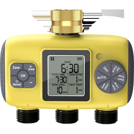 Contrôleur d'arrosage intelligent — Minuteur d'irrigation automatique à 3 voies pour jardins extérieurs et patios (1/4)